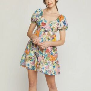 Entro Floral Puff Sleeve Mini Dress Sz L